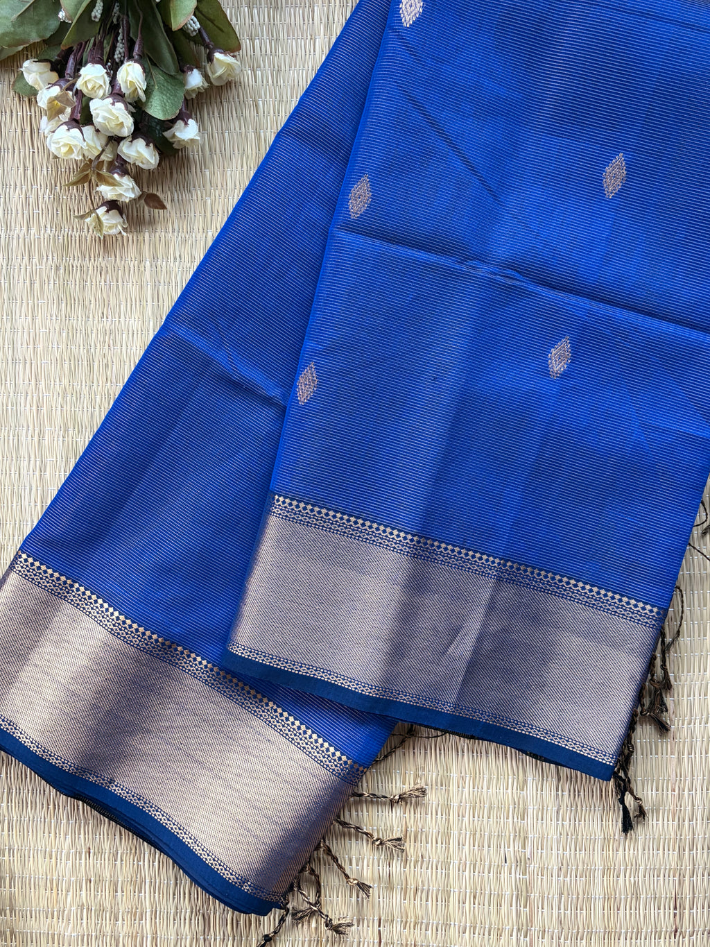 Electric Blue Tissue Silk Maheshwari Handloom Saree