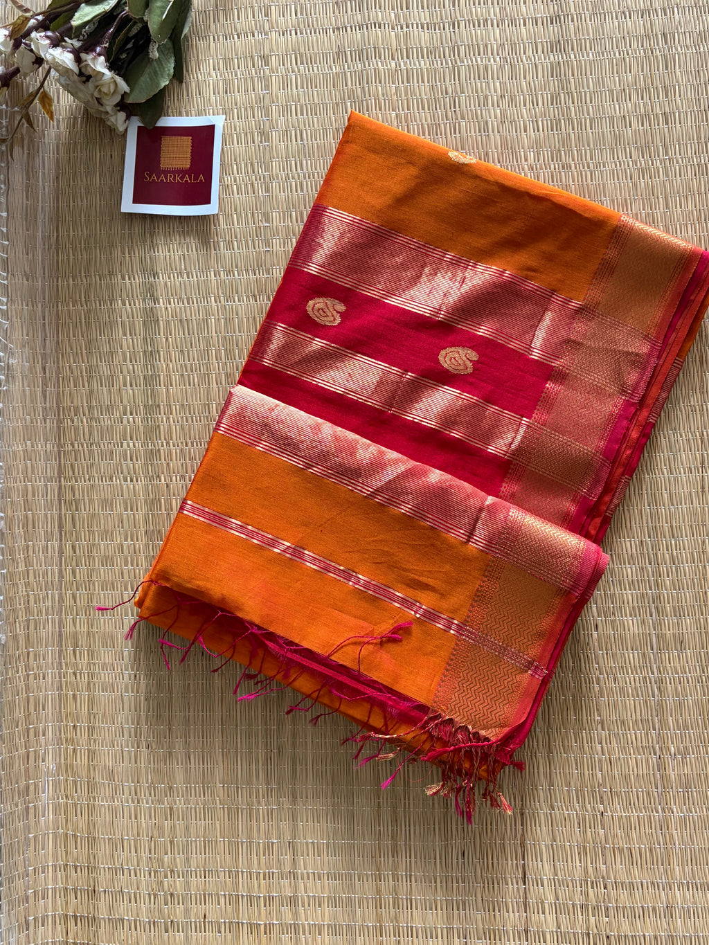 Kairi Buta Mustard Red Maheshwari Handloom Saree