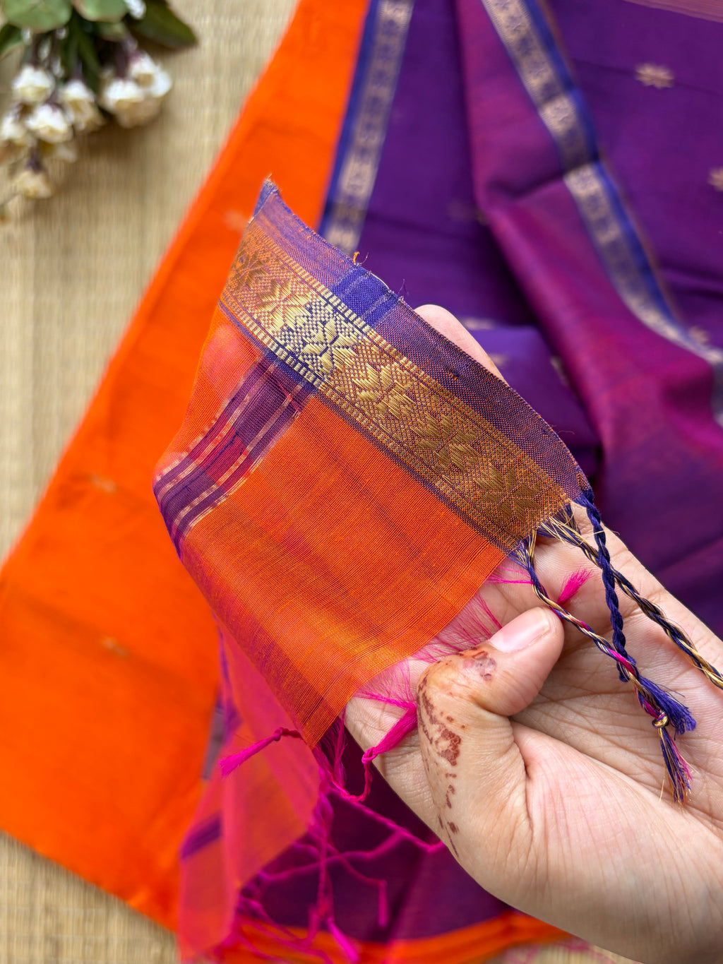 Chameli Orange Purple Maheshwari Handloom Saree