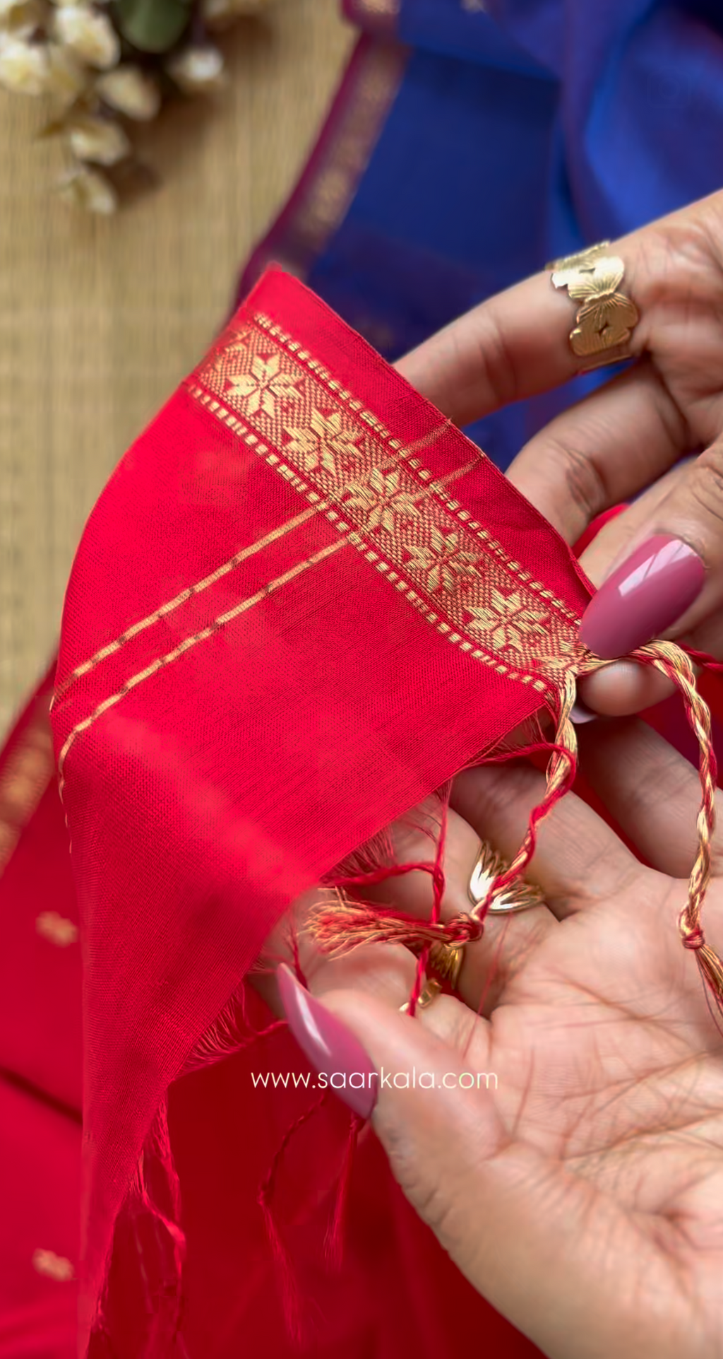 Royal Blue Maheshwari Handwoven Saree with Gold Zari Border