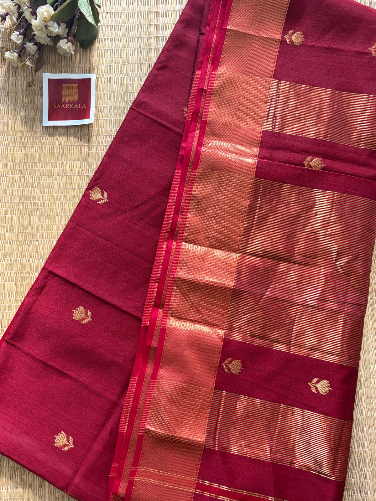Lotus Maroon Red Maheshwari Handloom Saree with Gold Border