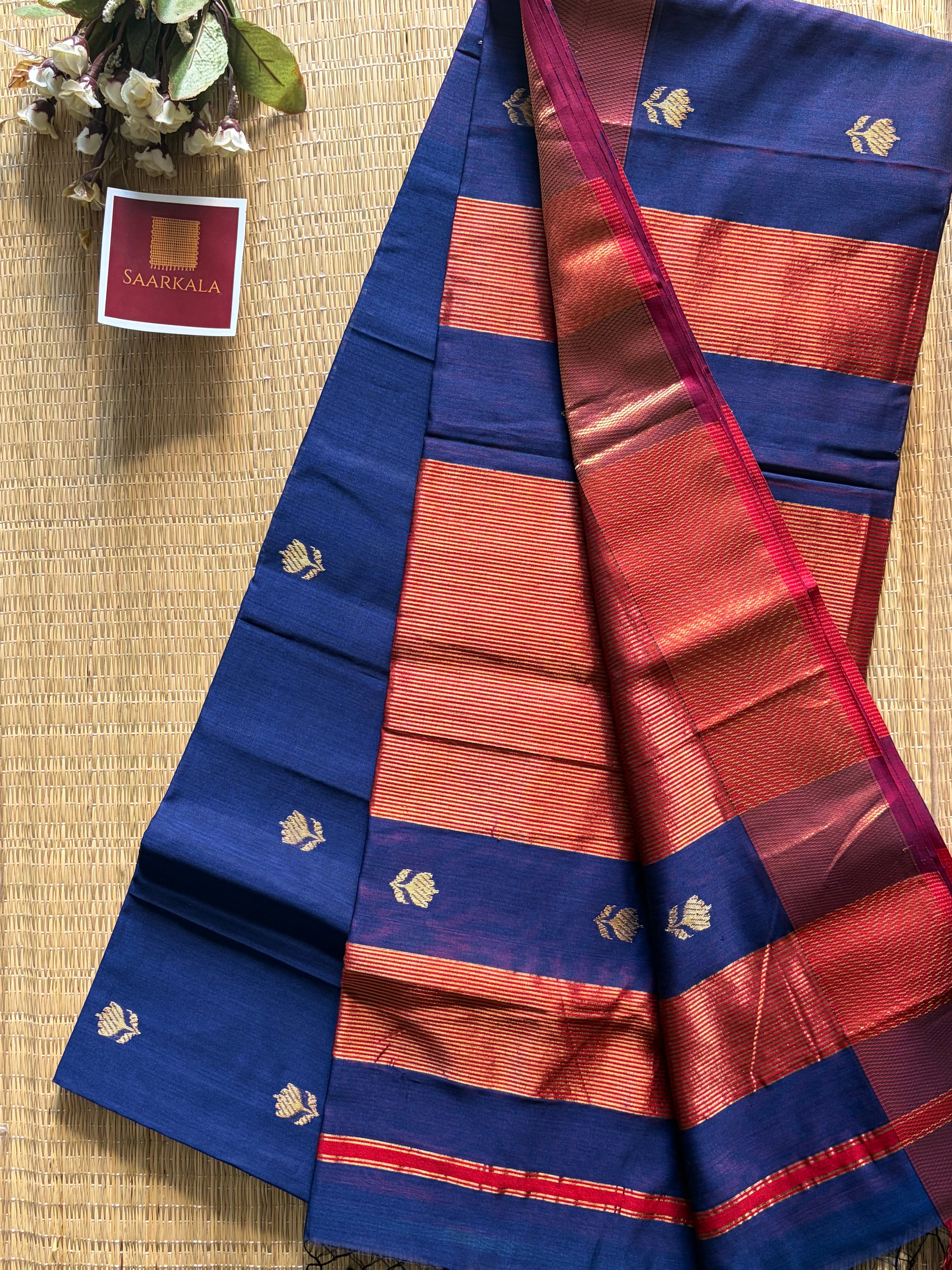 Blue Red Lotus Maheshwari silk and cotton Saree