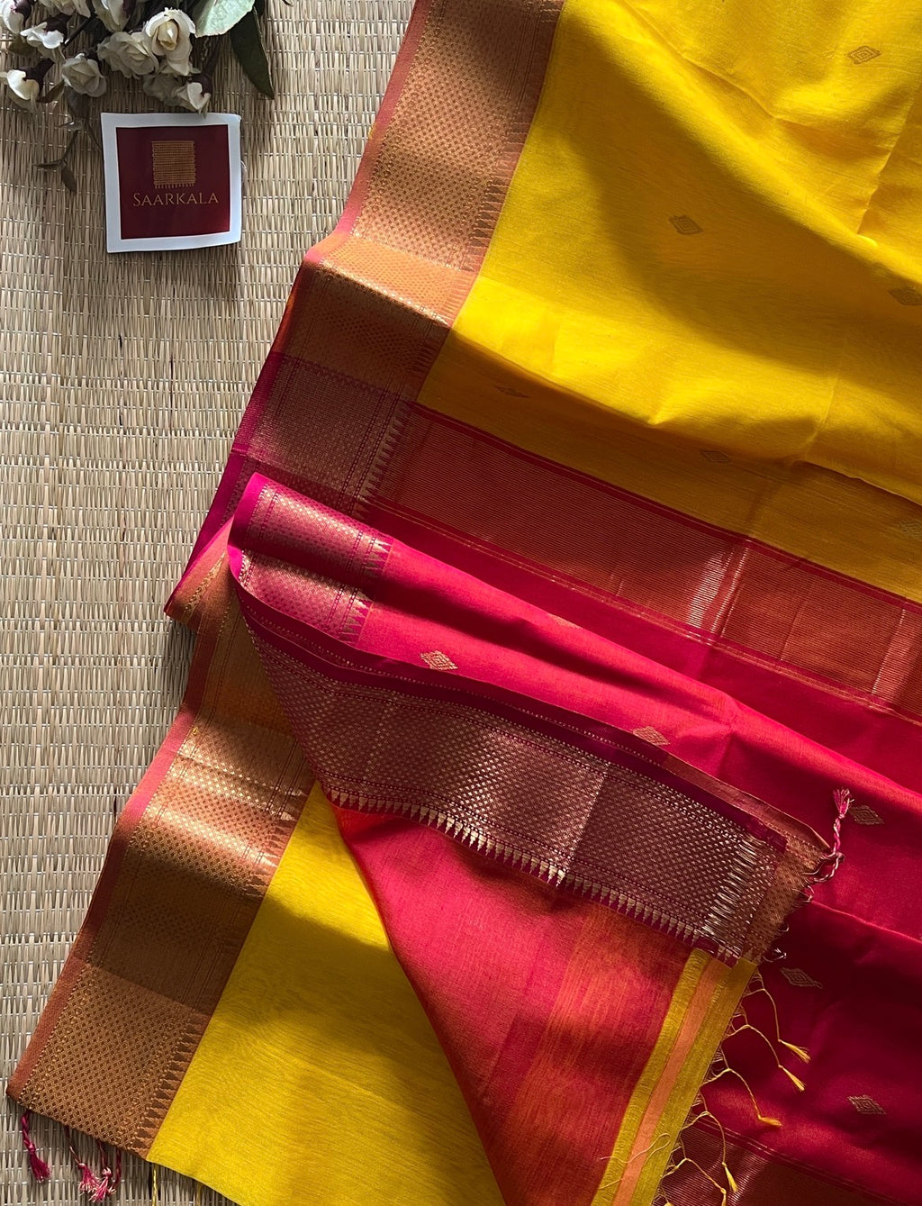 Karvath Pink Yellow silk & cotton pure Handloom saree