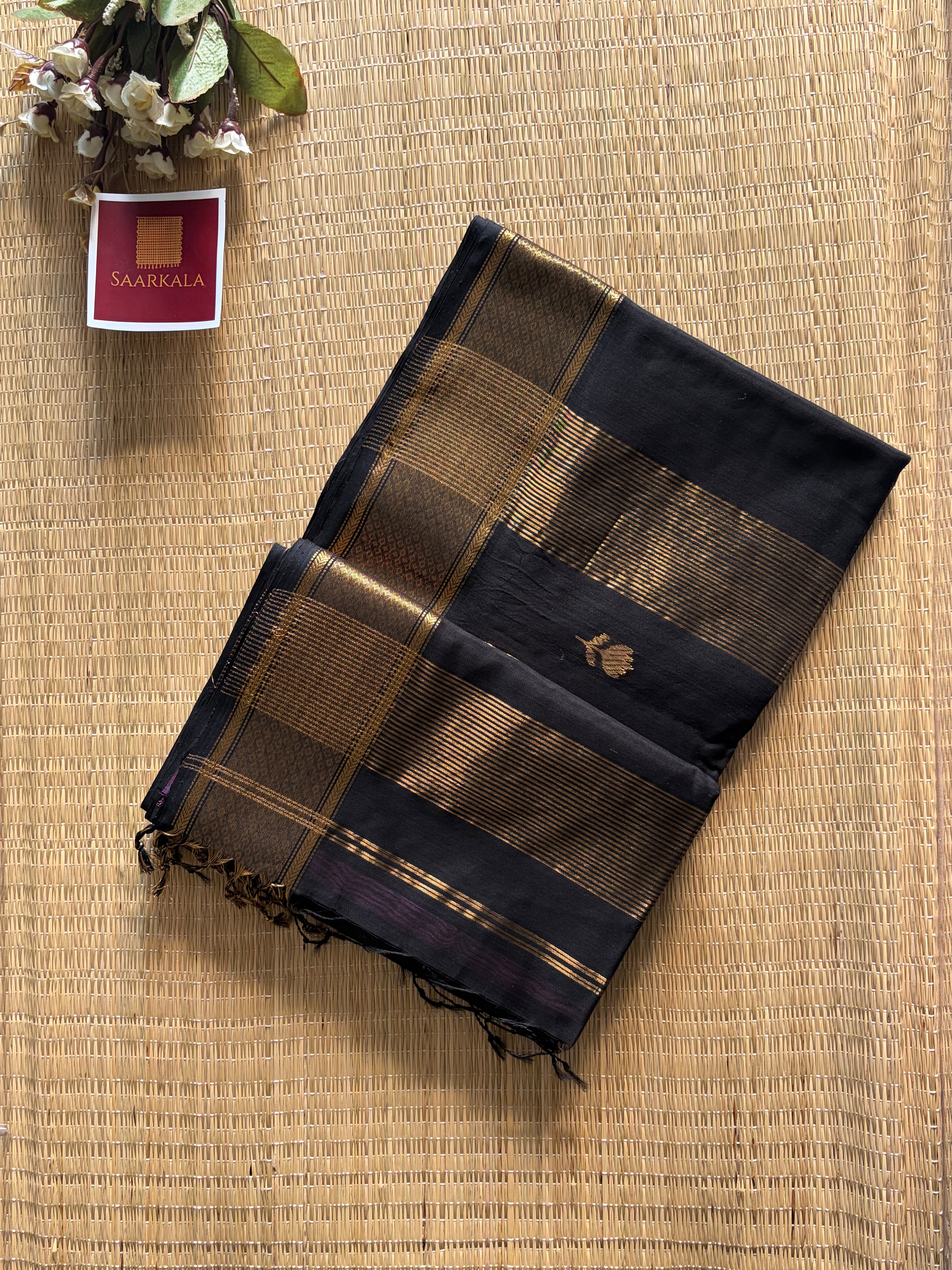 Black Maheshwari silk and cotton Lotus Butta Saree