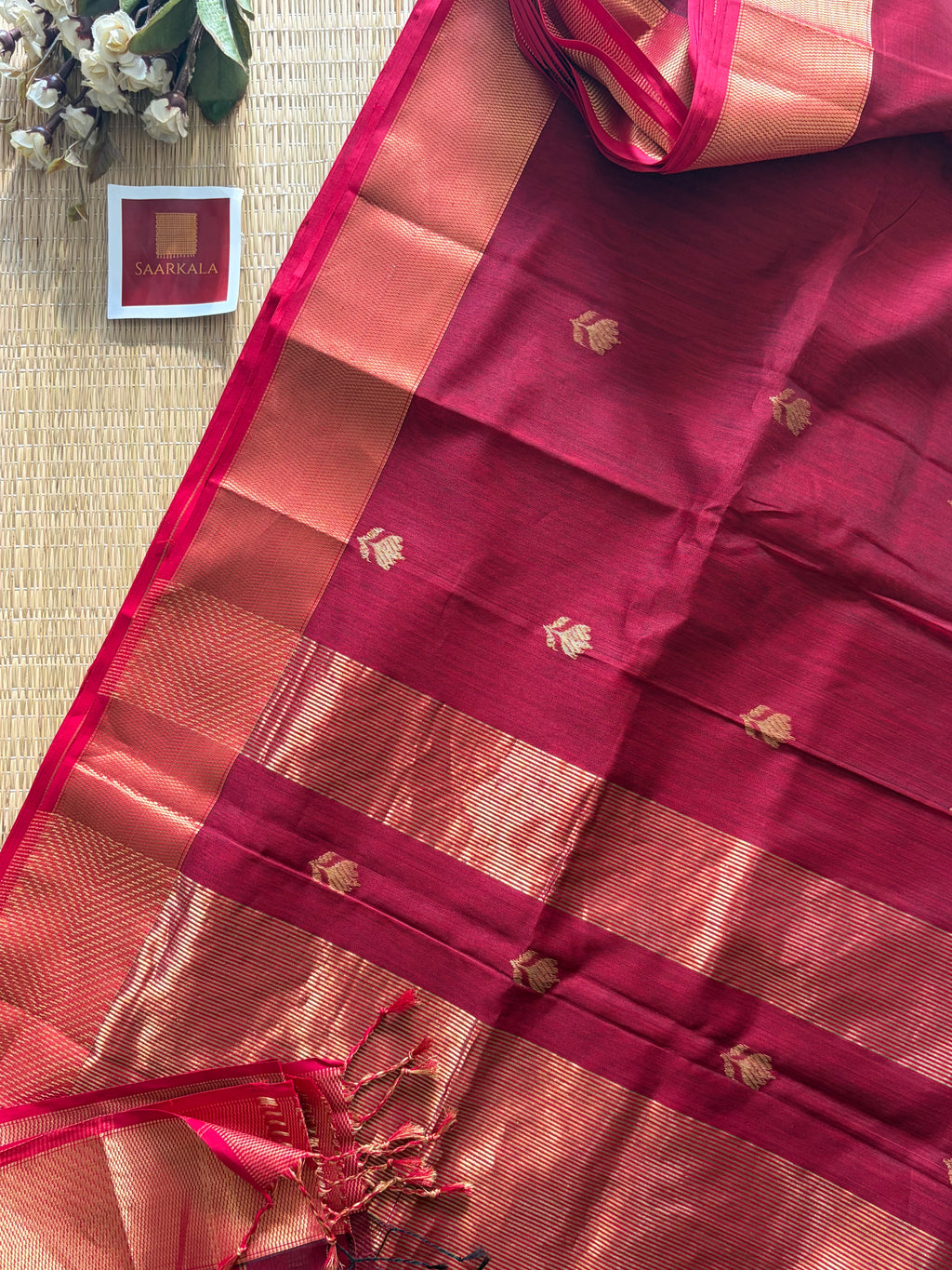 Lotus Maroon Red Maheshwari Handloom Saree with Gold Border