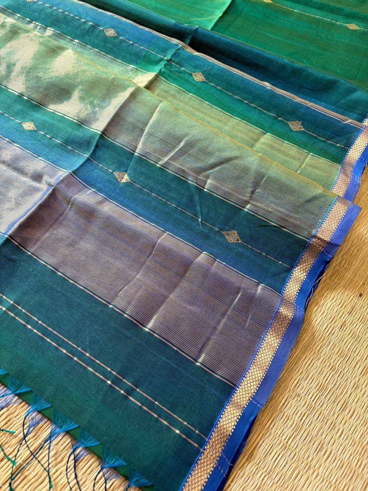 Rama Green Dual Shaded Maheshwari Handwoven Saree with Gold Zari Border