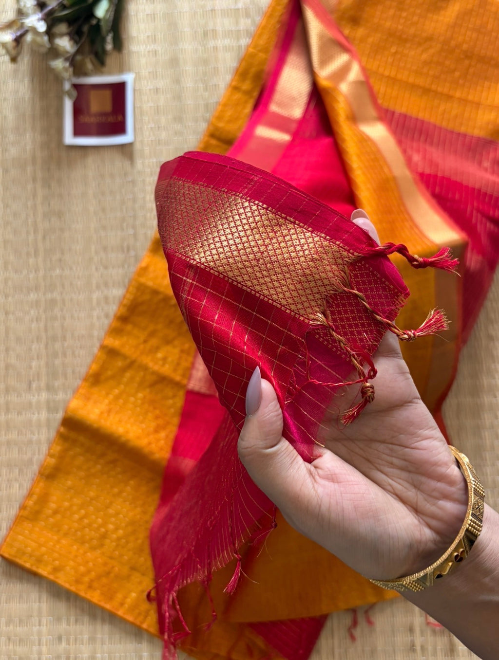 Mustard Red Checked Maheshwari Handwoven Saree with Gold Zari Border