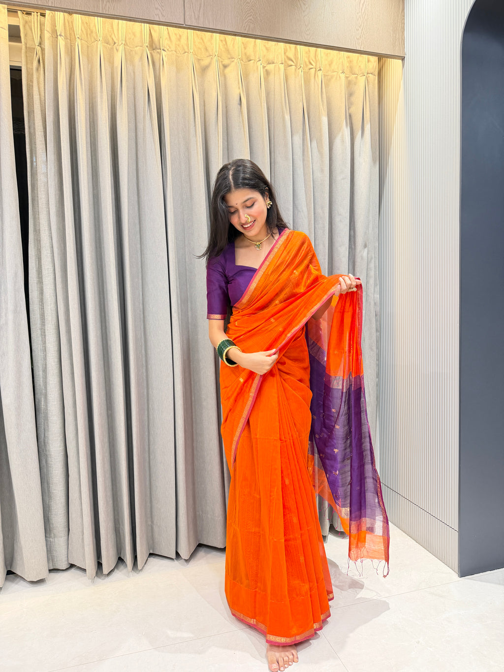 Sayali Kesari Purple Pallu Maheshwari Handloom Saree