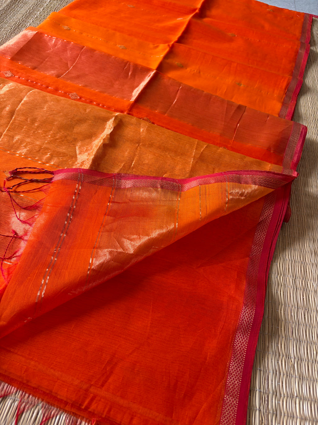 Kesar Orange Shaded Maheshwari Handwoven Saree with Gold Zari Border