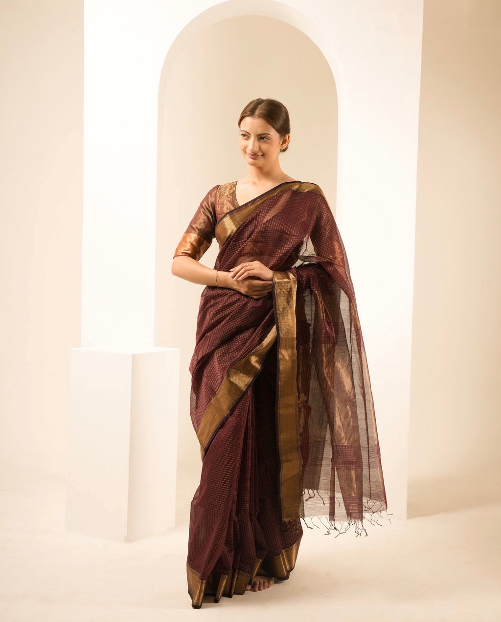 Checks Brown Maheshwari Handloom Saree