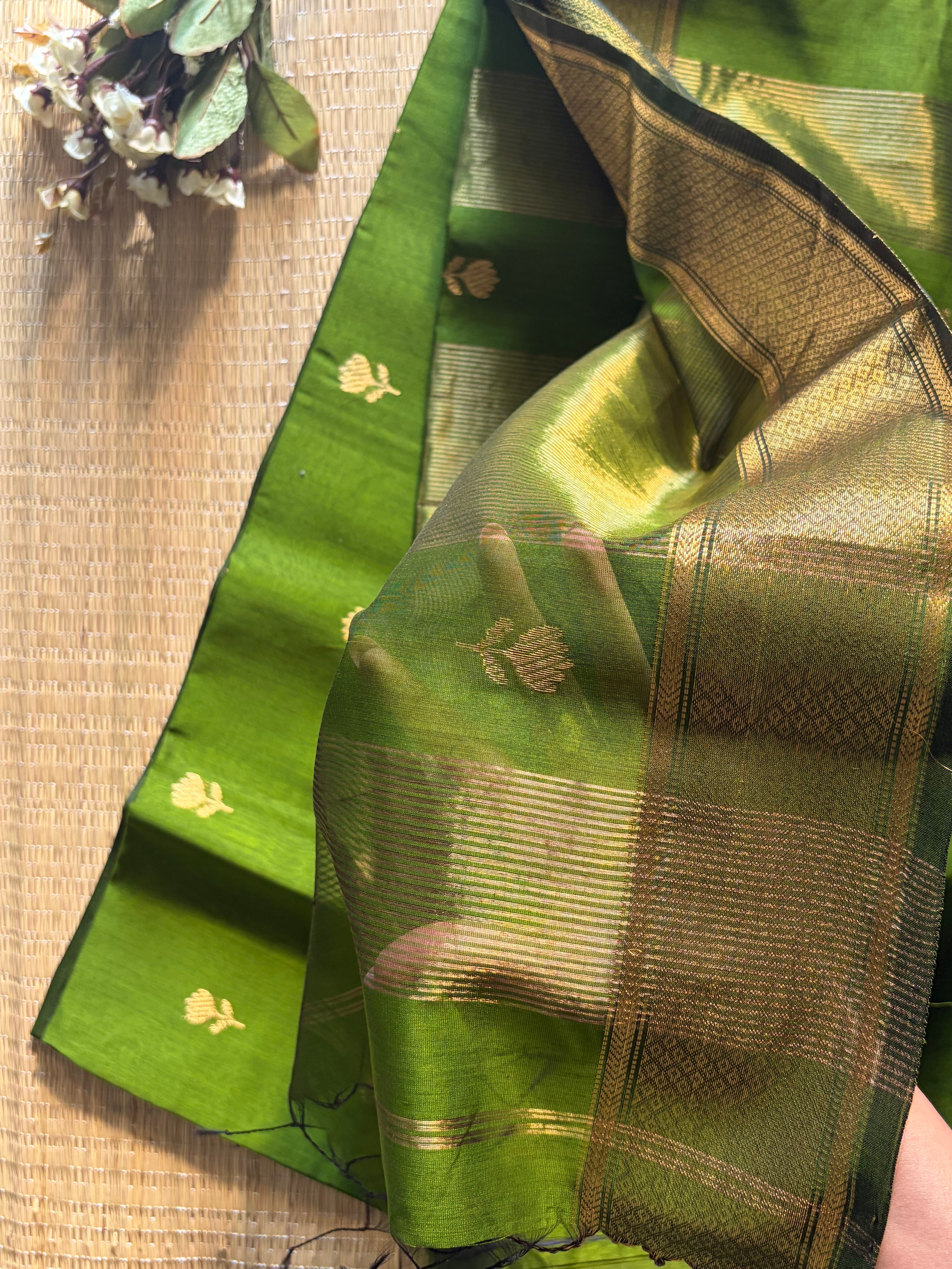 Mint Green Maheshwari silk and cotton Lotus Butta Saree