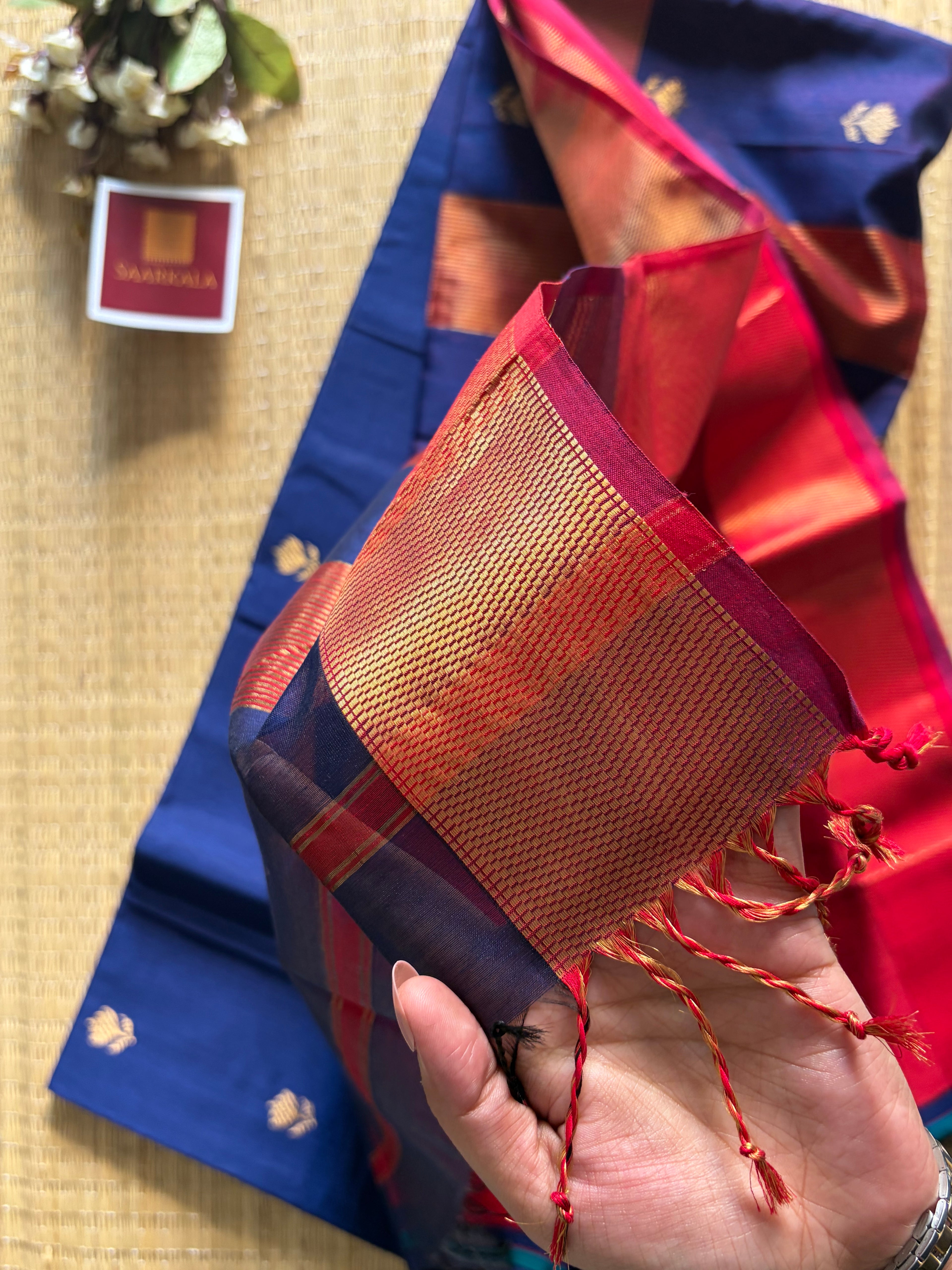 Blue Red Lotus Maheshwari silk and cotton Saree