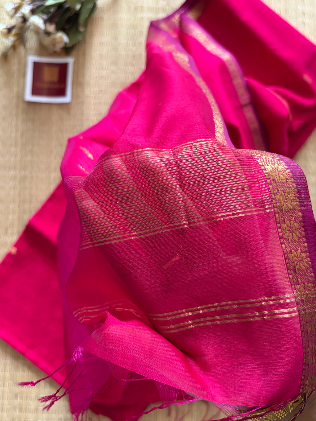 Magenta Kinari Self Pink Chameli Maheshwari Handloom Silk Cotton Saree