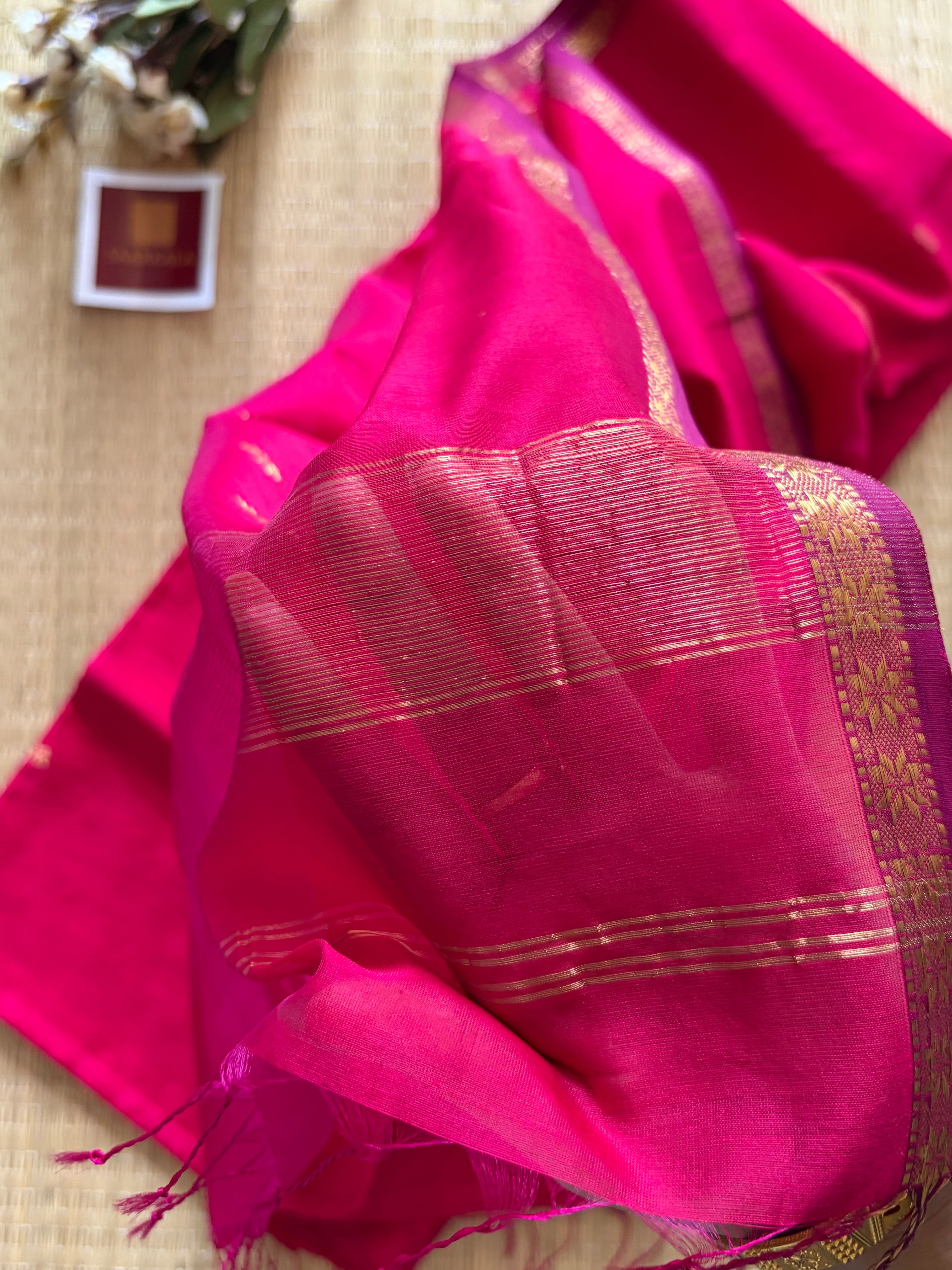 Magenta Kinari Self Pink Chameli Maheshwari Handloom Silk Cotton Saree