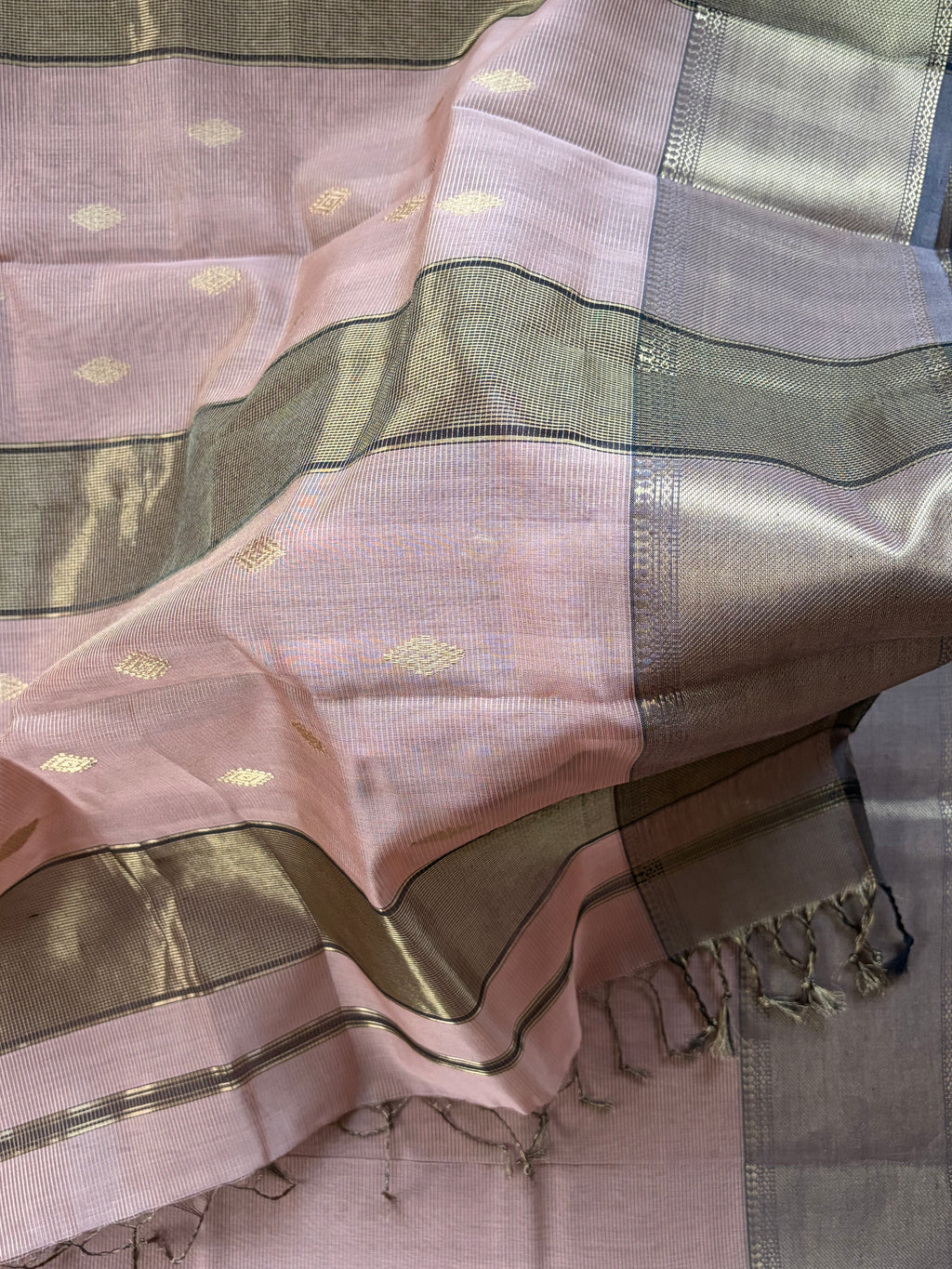 Blush Pink Tissue Silk Maheshwari Handloom Saree