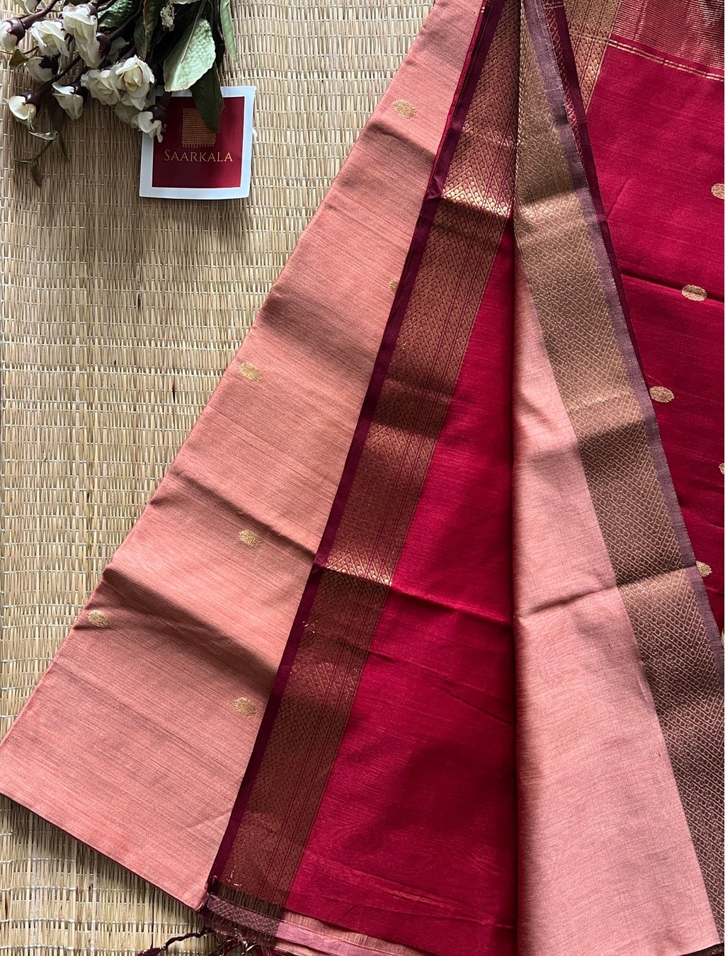 Sikka Pink Red Maheshwari Handwoven Saree with Gold Zari Border