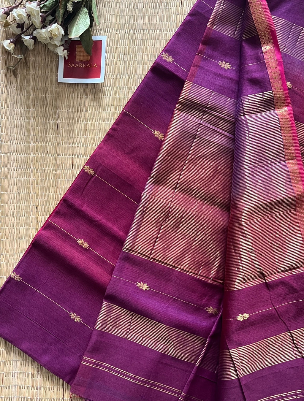 Dual Shaded Pink Purple Maheshwari Handwoven Saree with Gold Zari Border