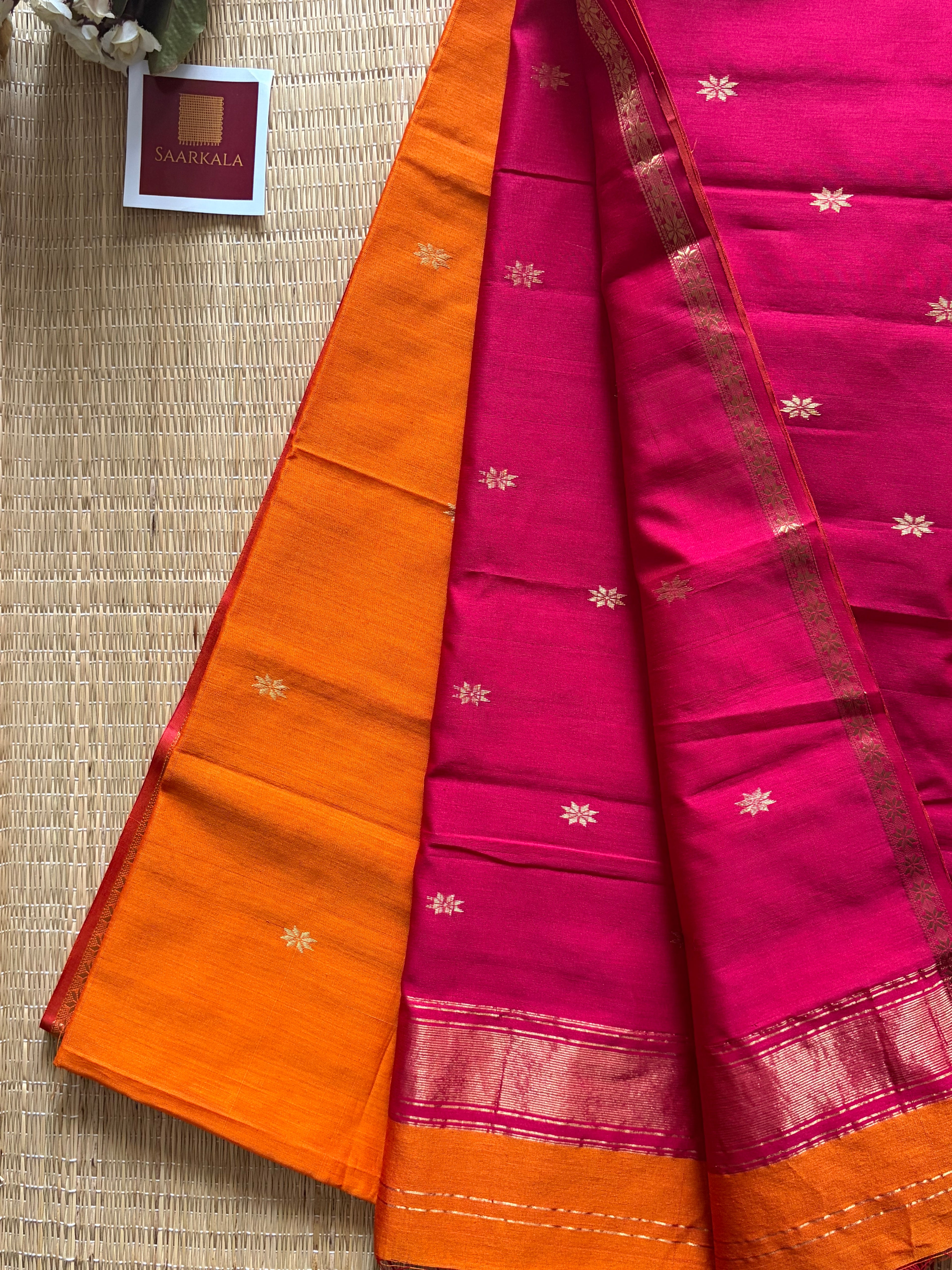 Siyali Mustard and Pink Chameli Maheshwari Handloom Silk Cotton Saree