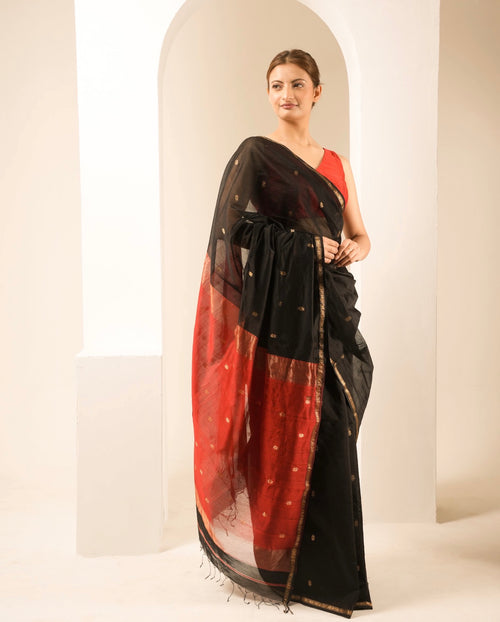 Chameli Black Red Maheshwari Handloom Saree