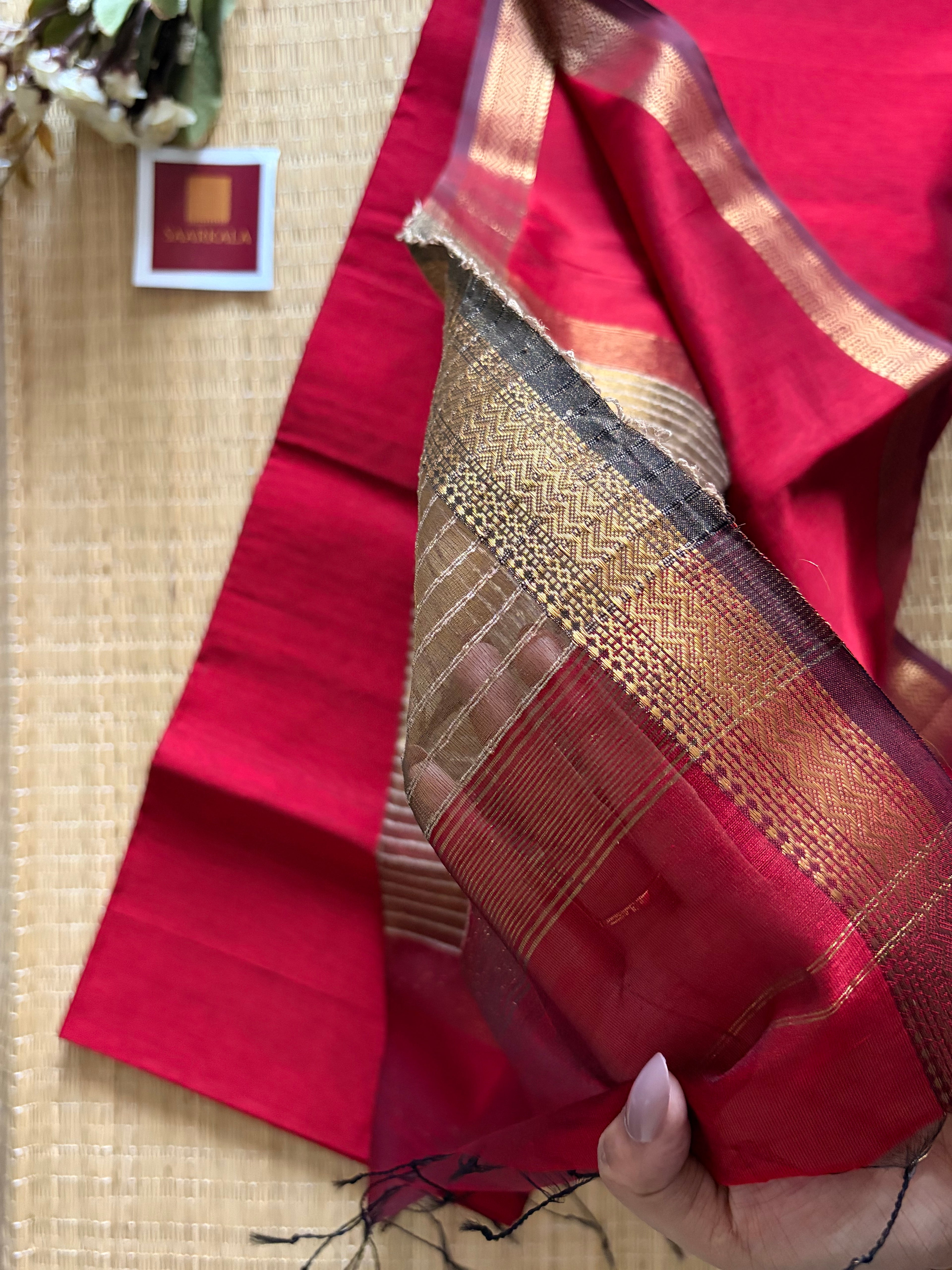 Red kosa Maheshwari silk by cotton handloom saree