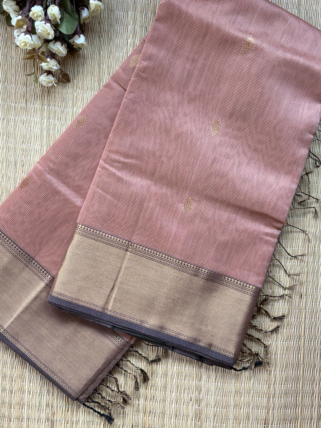 Blush Pink Tissue Silk Maheshwari Handloom Saree