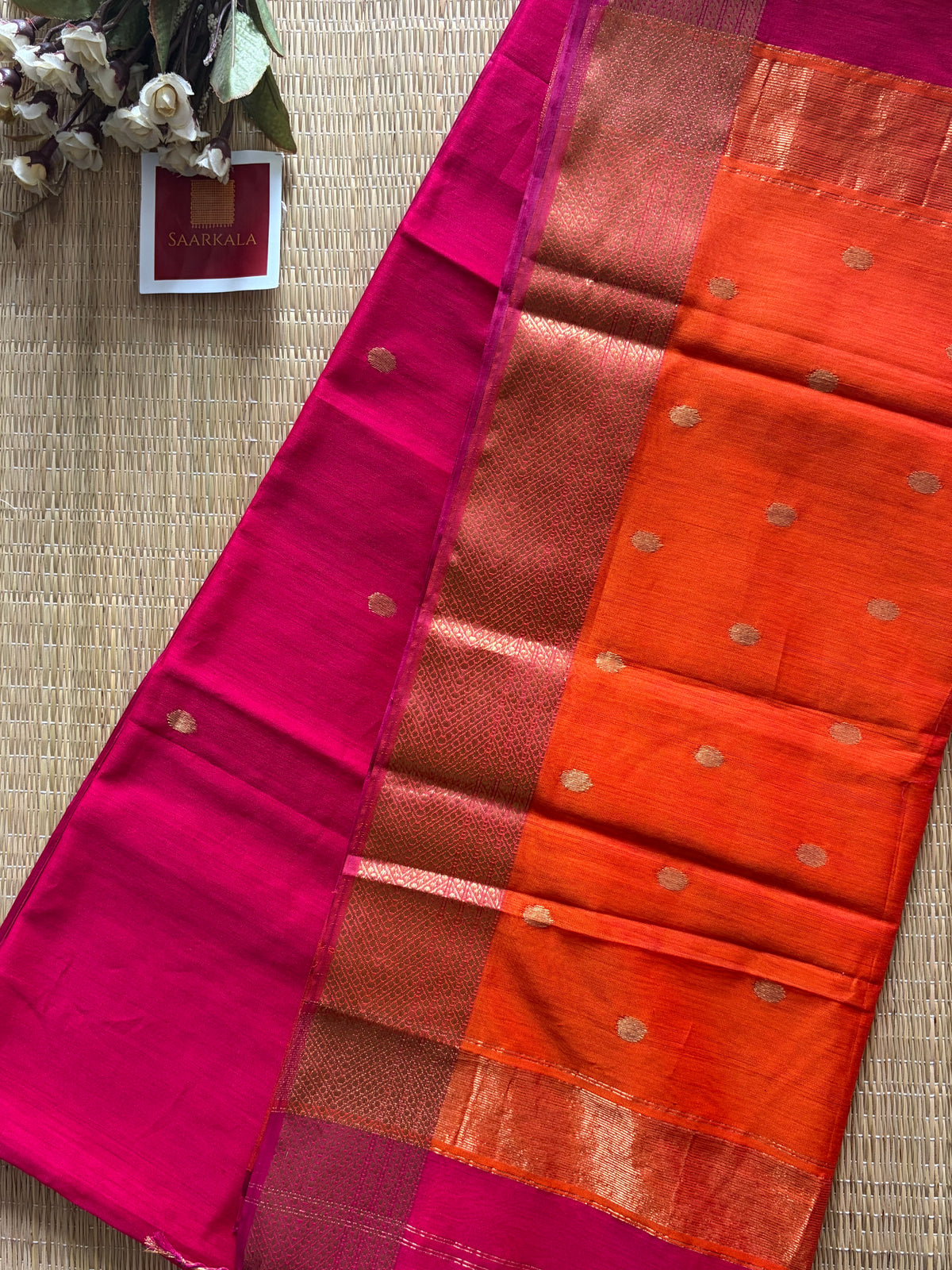 Swara Sikka Pink Orange Maheshwari Handloom Saree