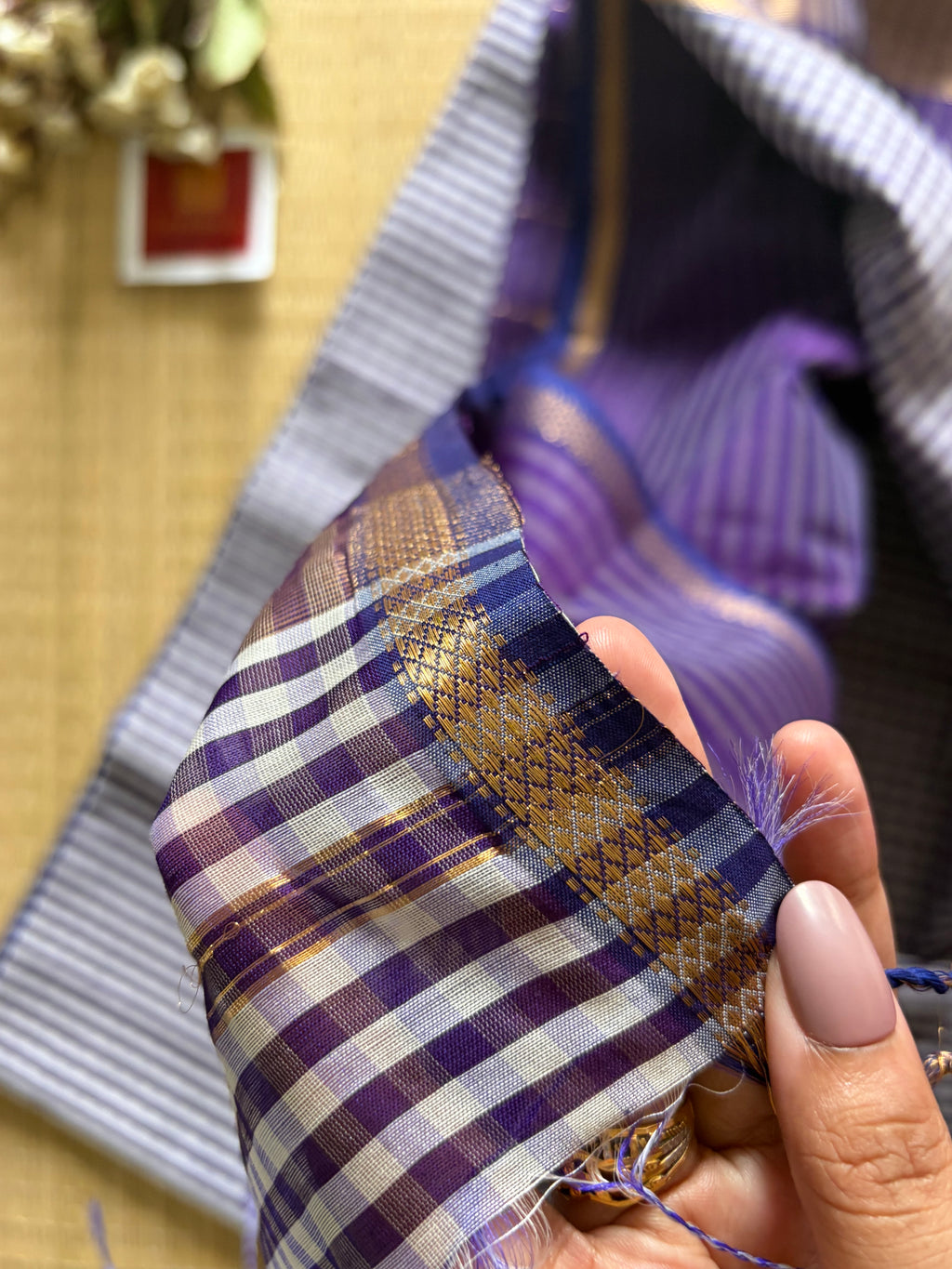 Gingham Lilac Purple Maheshwari Handloom Saree