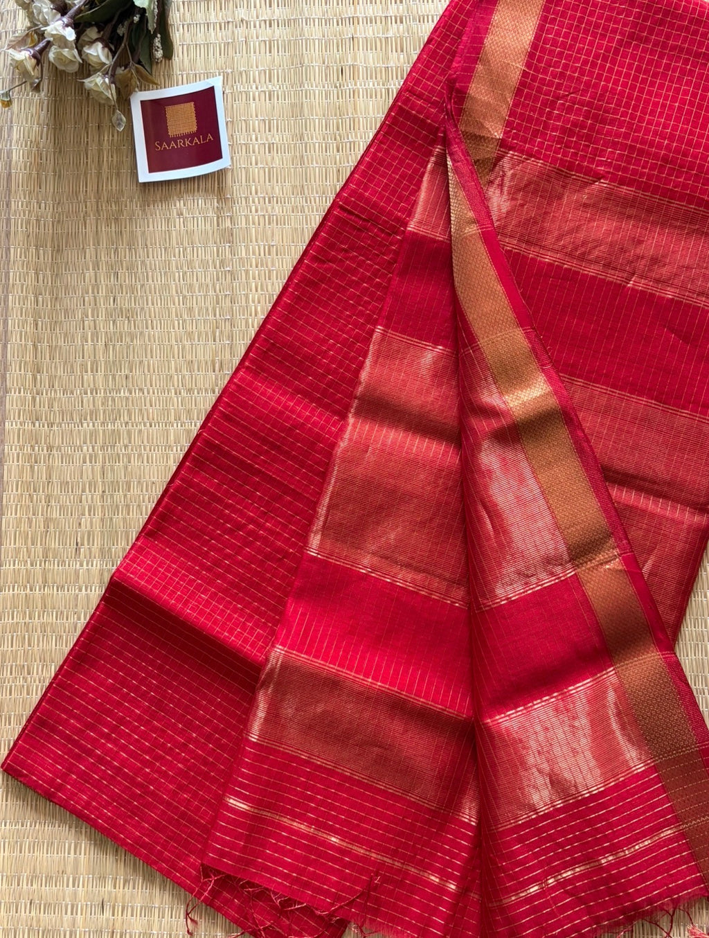 Red Checked Maheshwari Handwoven Saree with Gold Zari Border
