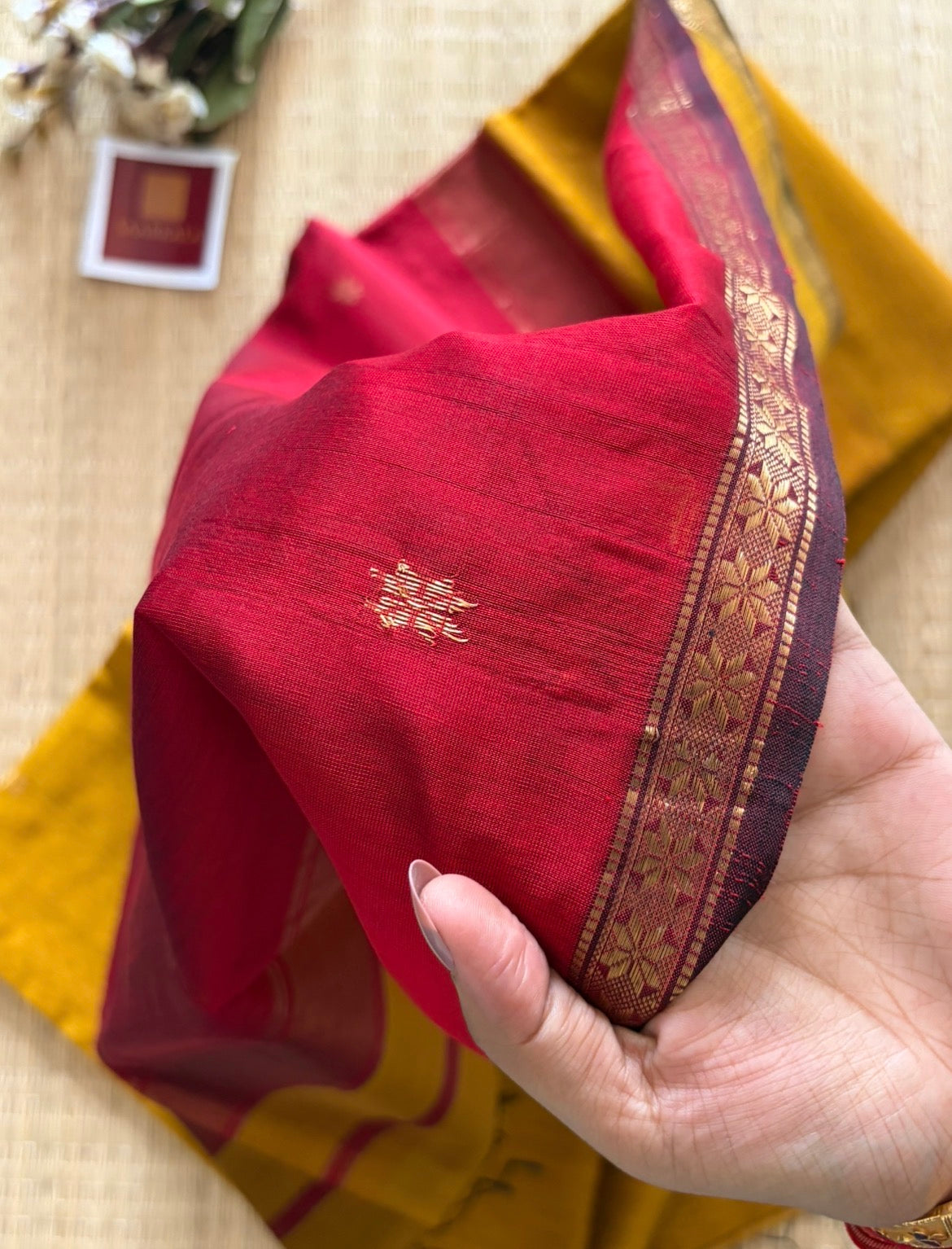 Mustard and Red Maheshwari Handwoven Saree with Gold Zari Border
