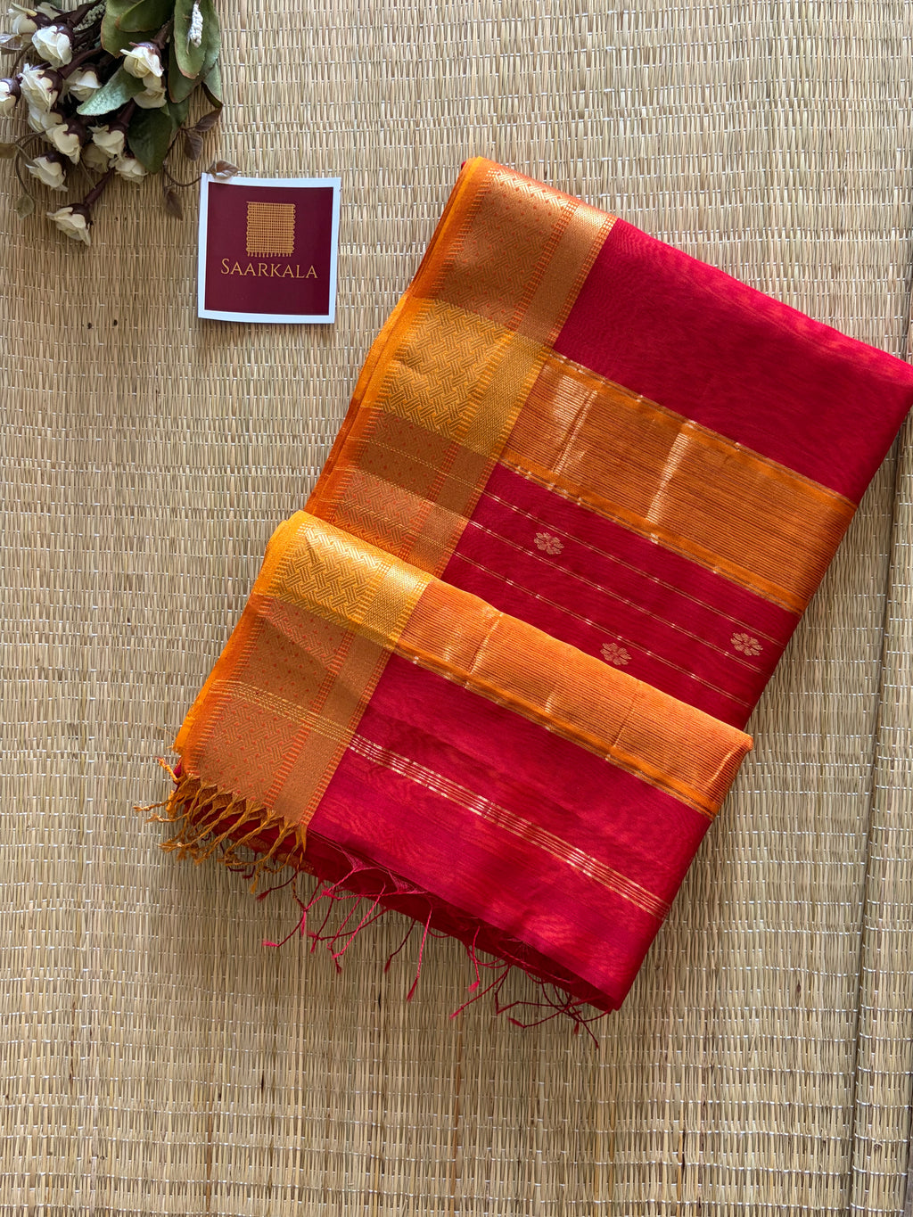 Crimson Red Maheshwari Handloom Silk Cotton Saree