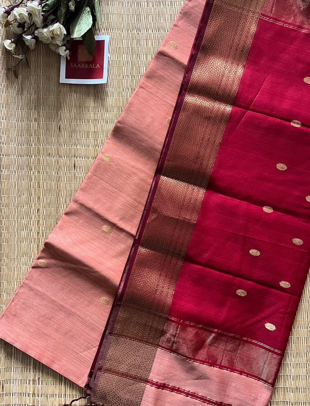 Sikka Pink Red Maheshwari Handwoven Saree with Gold Zari Border
