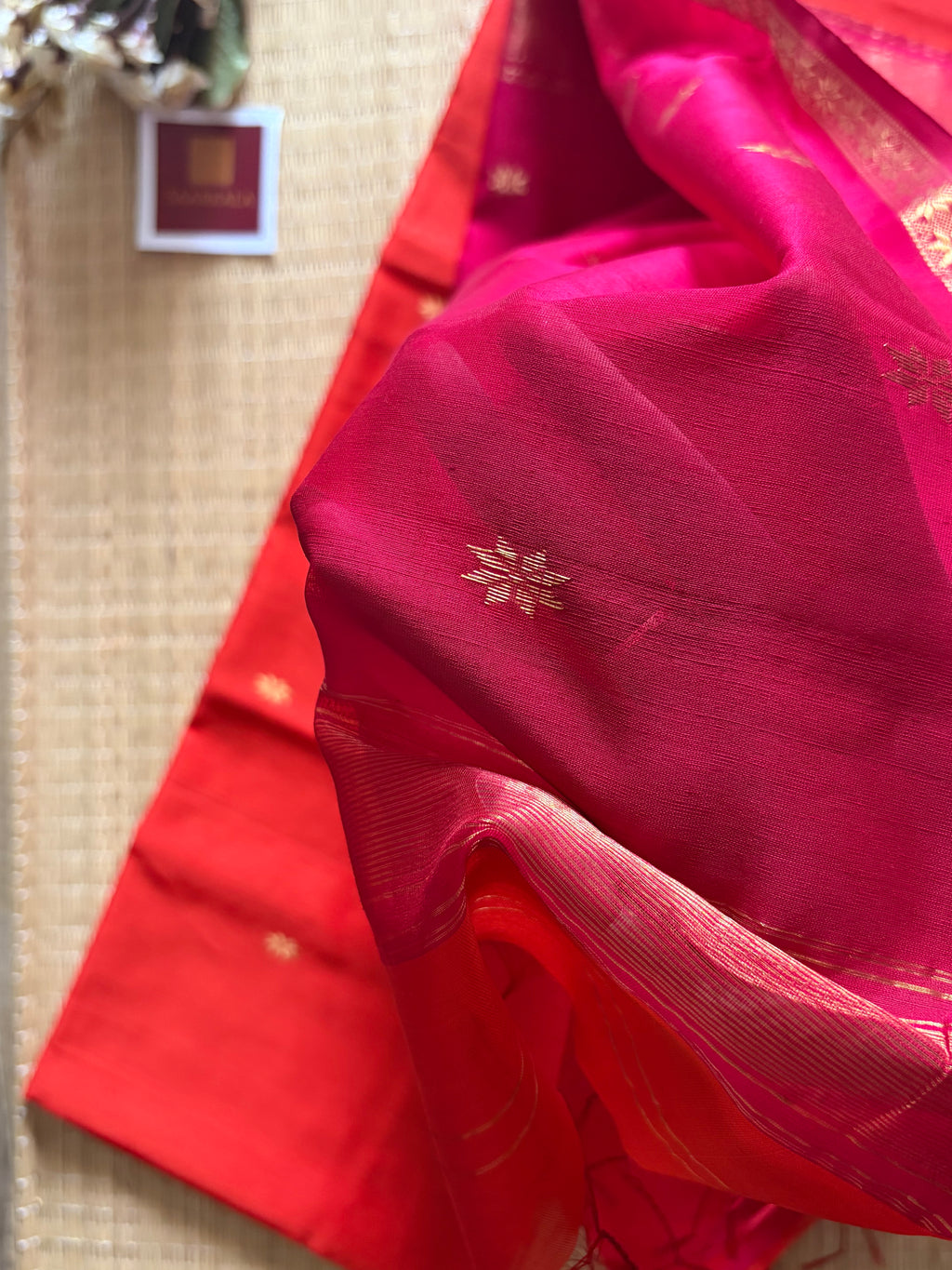 Rust Rani Maheshwari silk by cotton handloom saree
