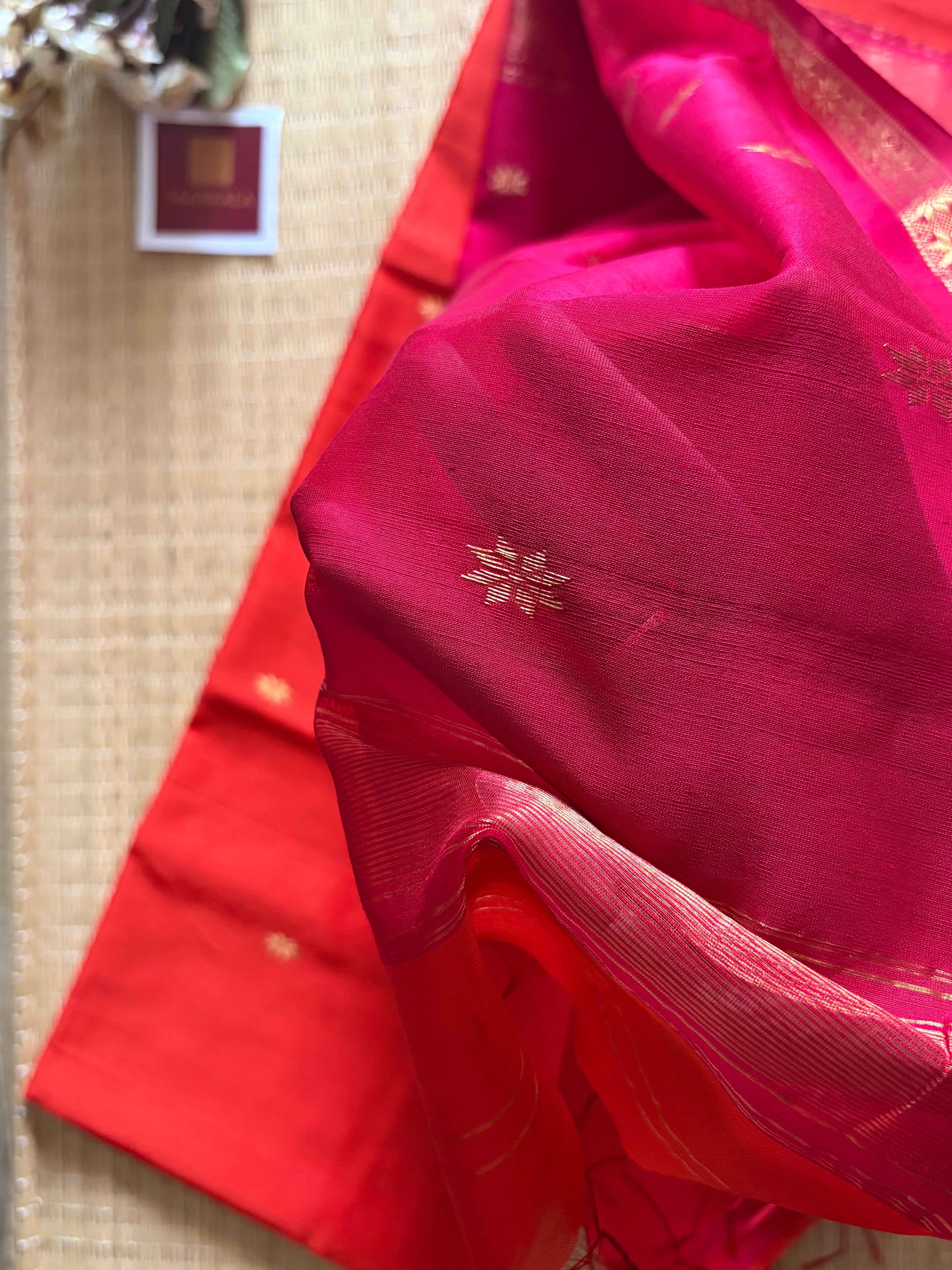 Rust Rani Maheshwari silk by cotton handloom saree