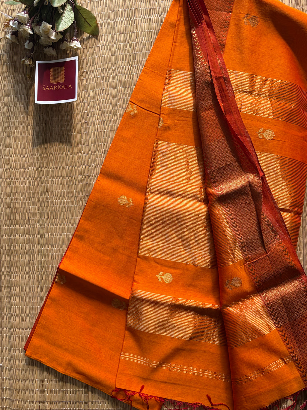 Golden Orange Lotus Maheshwari silk and cotton Saree