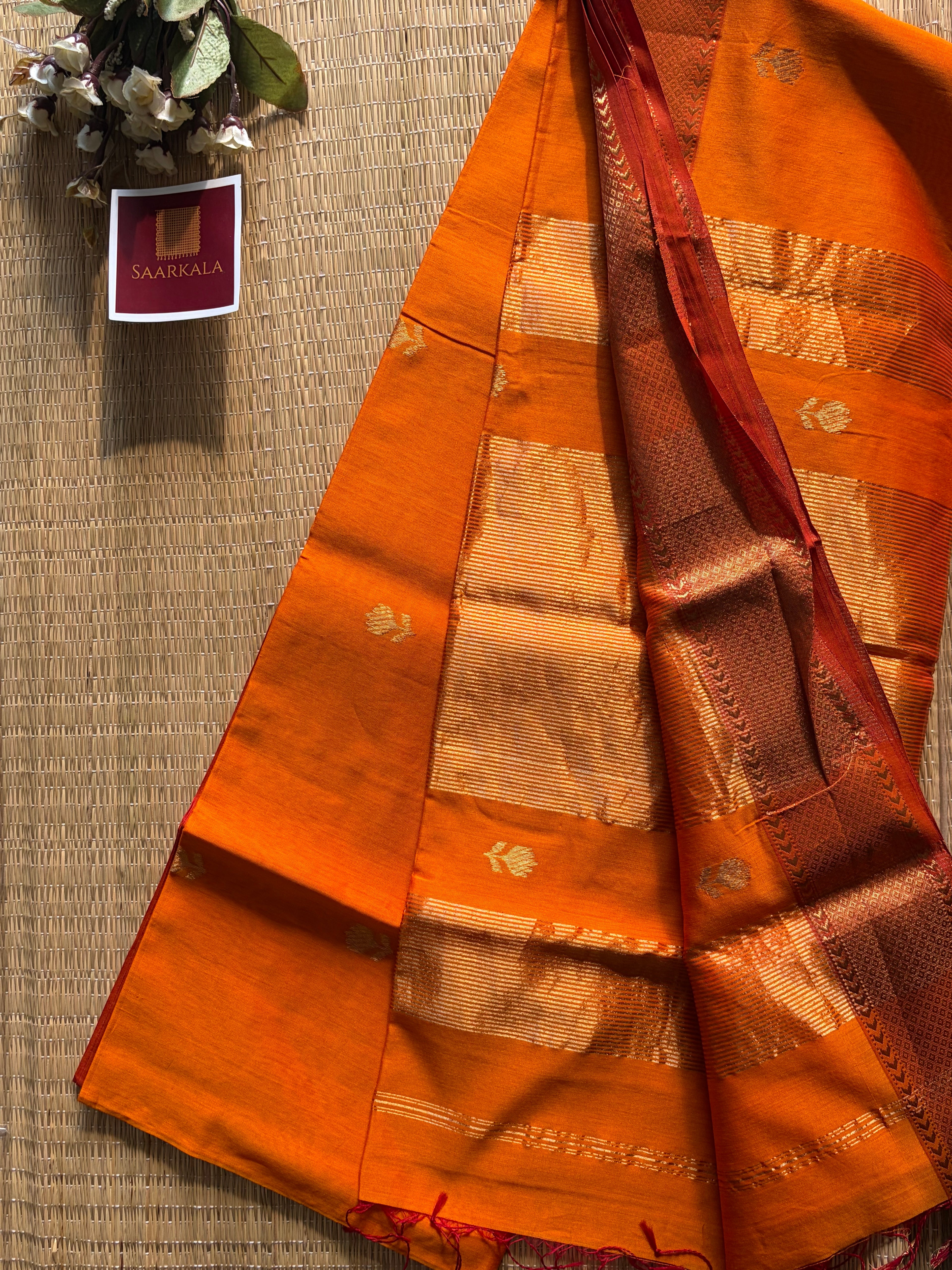 Golden Orange Lotus Maheshwari silk and cotton Saree