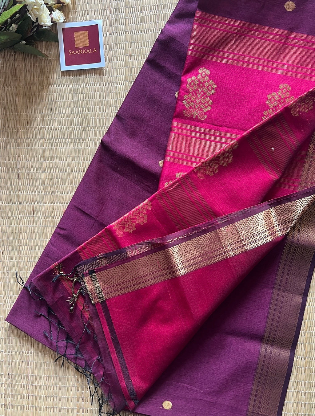 Floral Buta Deep Wine and Magenta Maheshwari Handloom Saree