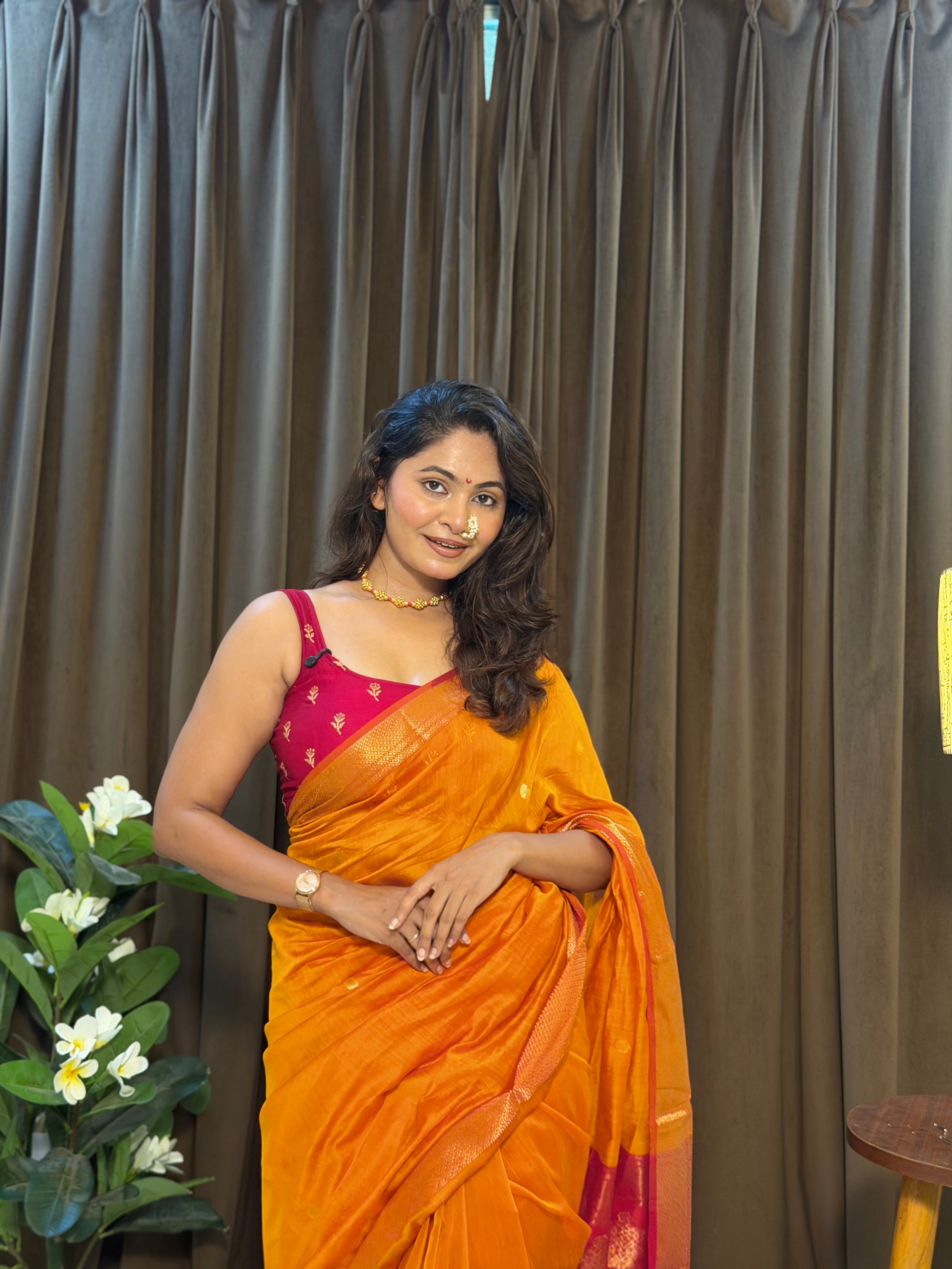 Ashu Floral Buta Mustard & red Maheshwari silk by cotton handloom saree