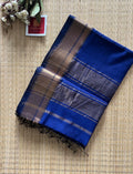 Khatia Blue Maheshwari Handwoven Saree with Gold Zari Border