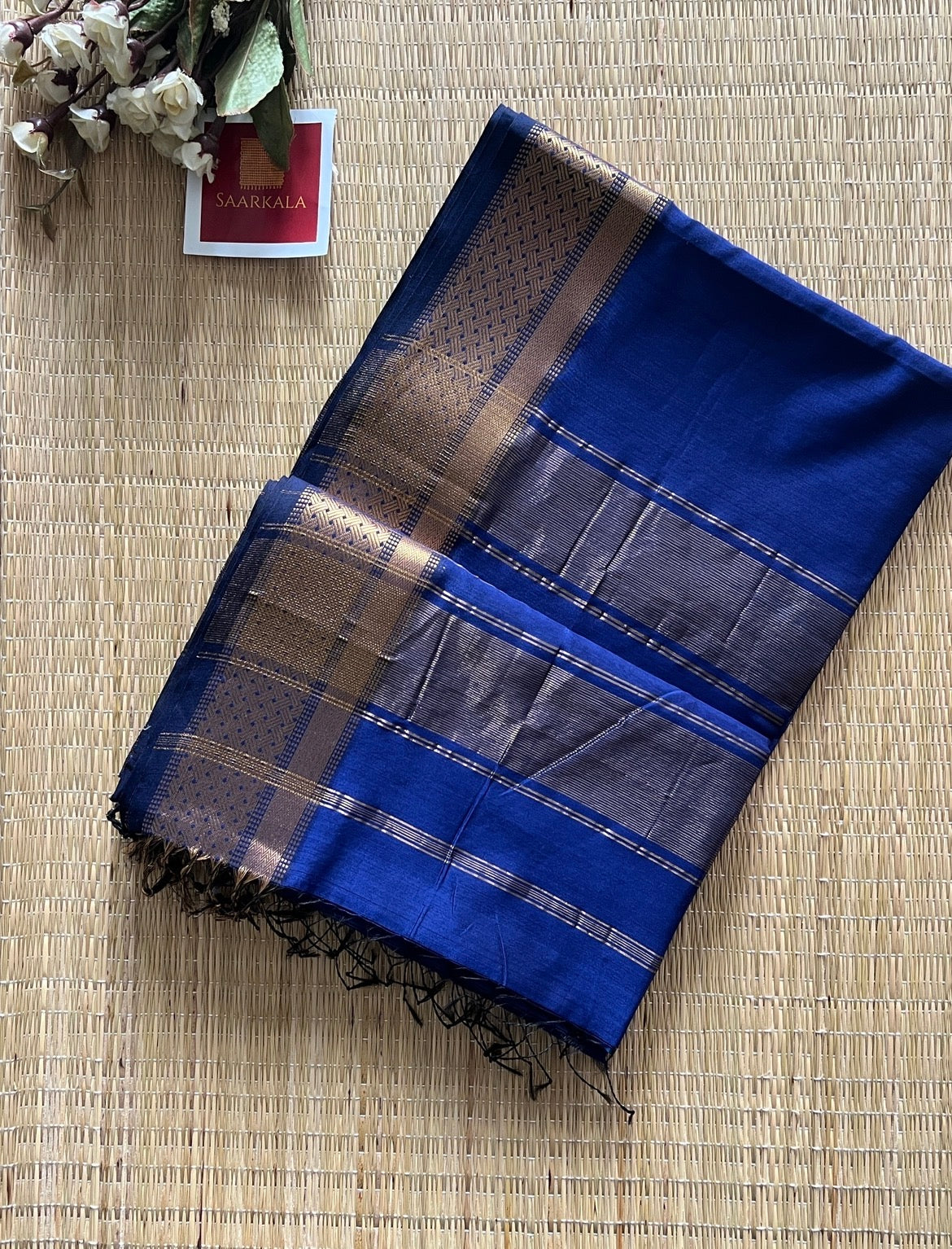 Khatia Blue Maheshwari Handwoven Saree with Gold Zari Border