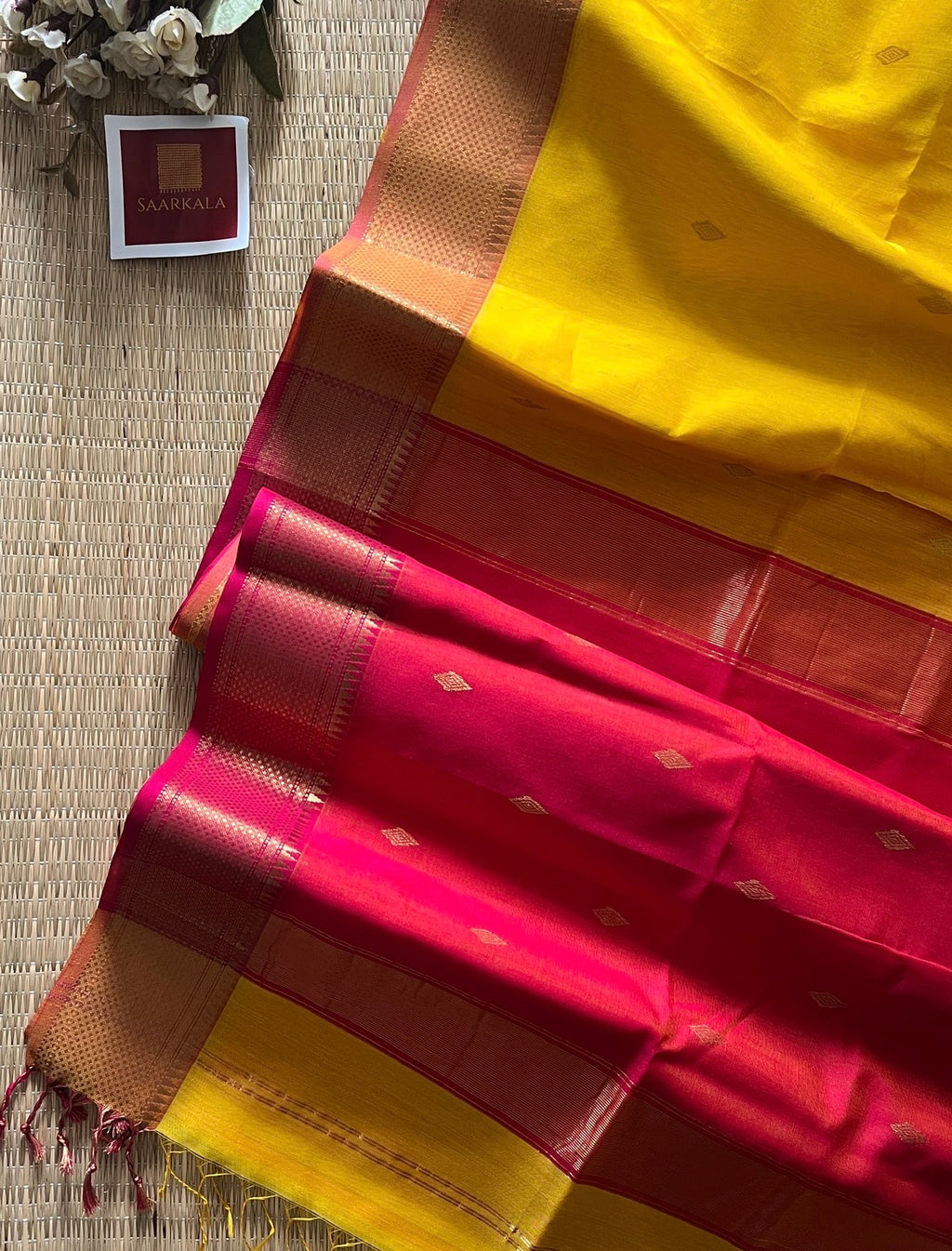 Karvath Pink Yellow silk & cotton pure Handloom saree