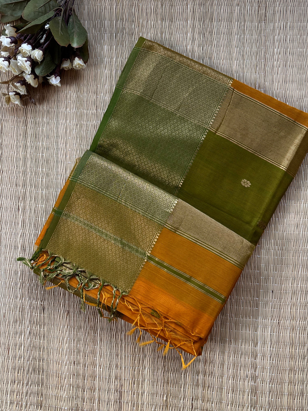 Marigold Mustard Green Maheshwari Handloom Silk Cotton Saree