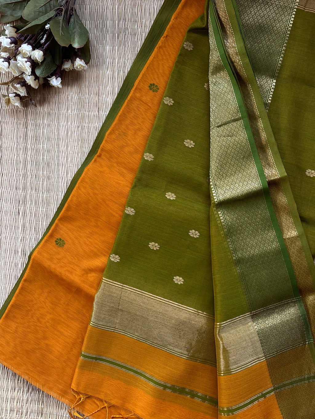 Marigold Mustard Green Maheshwari Handloom Silk Cotton Saree
