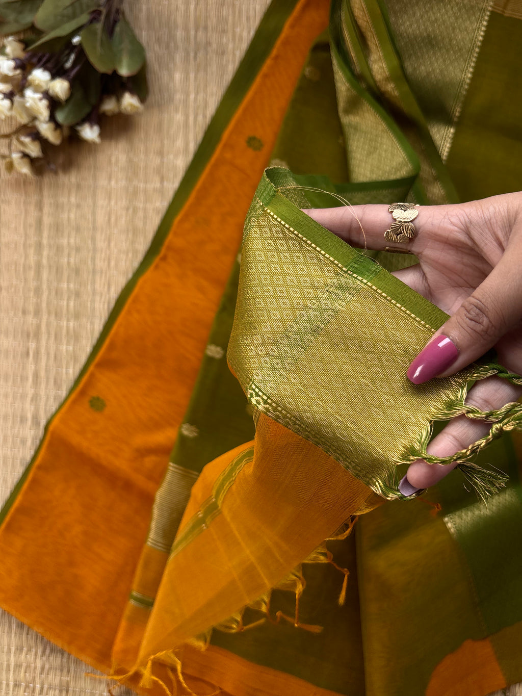 Marigold Mustard Green Maheshwari Handloom Silk Cotton Saree