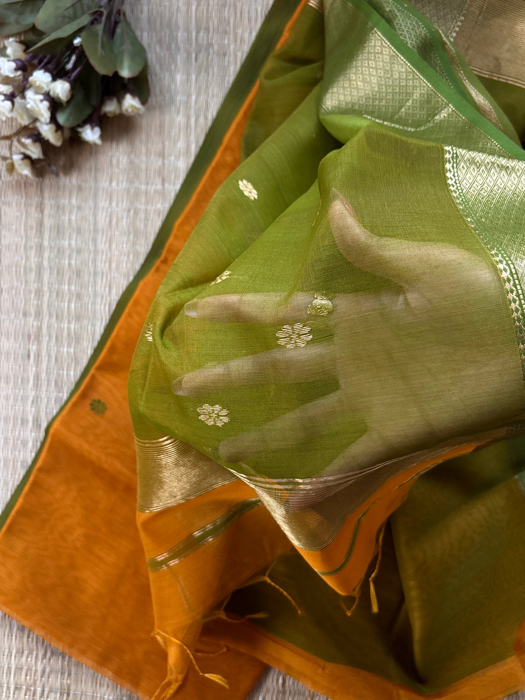 Marigold Mustard Green Maheshwari Handloom Silk Cotton Saree